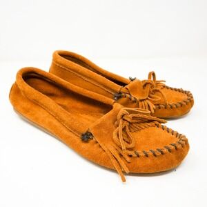Minnetonka Suede Fringe Moccasins Western Women's 8 Tan Lace Up Loafers